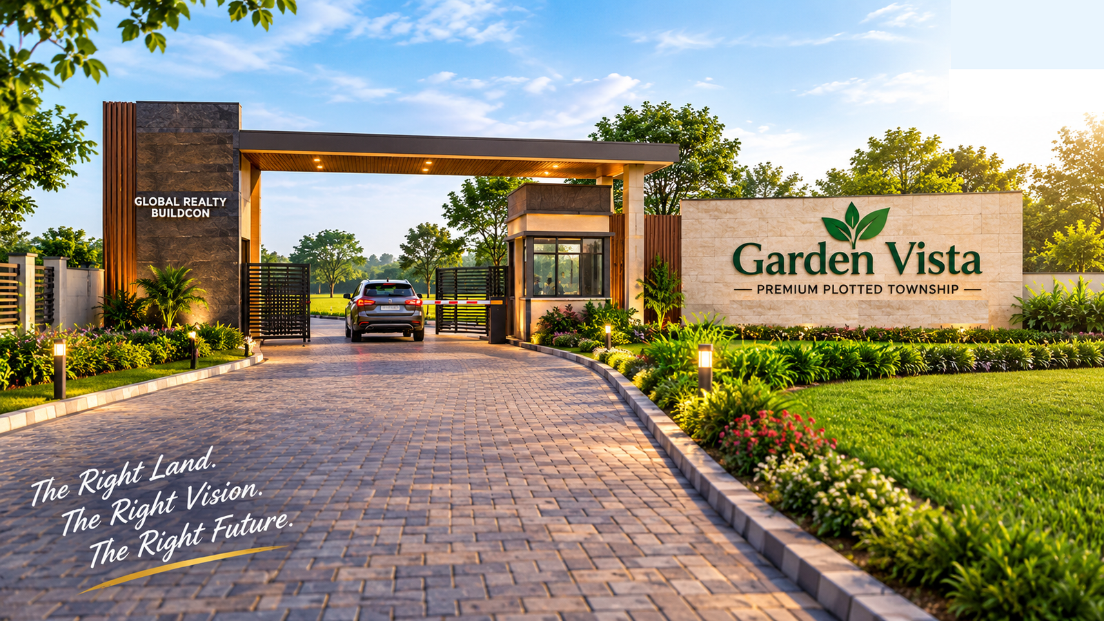The Garden Vista premium plotted township entrance with landscaped gardens, security cabin, stone cladding and a wide paved driveway