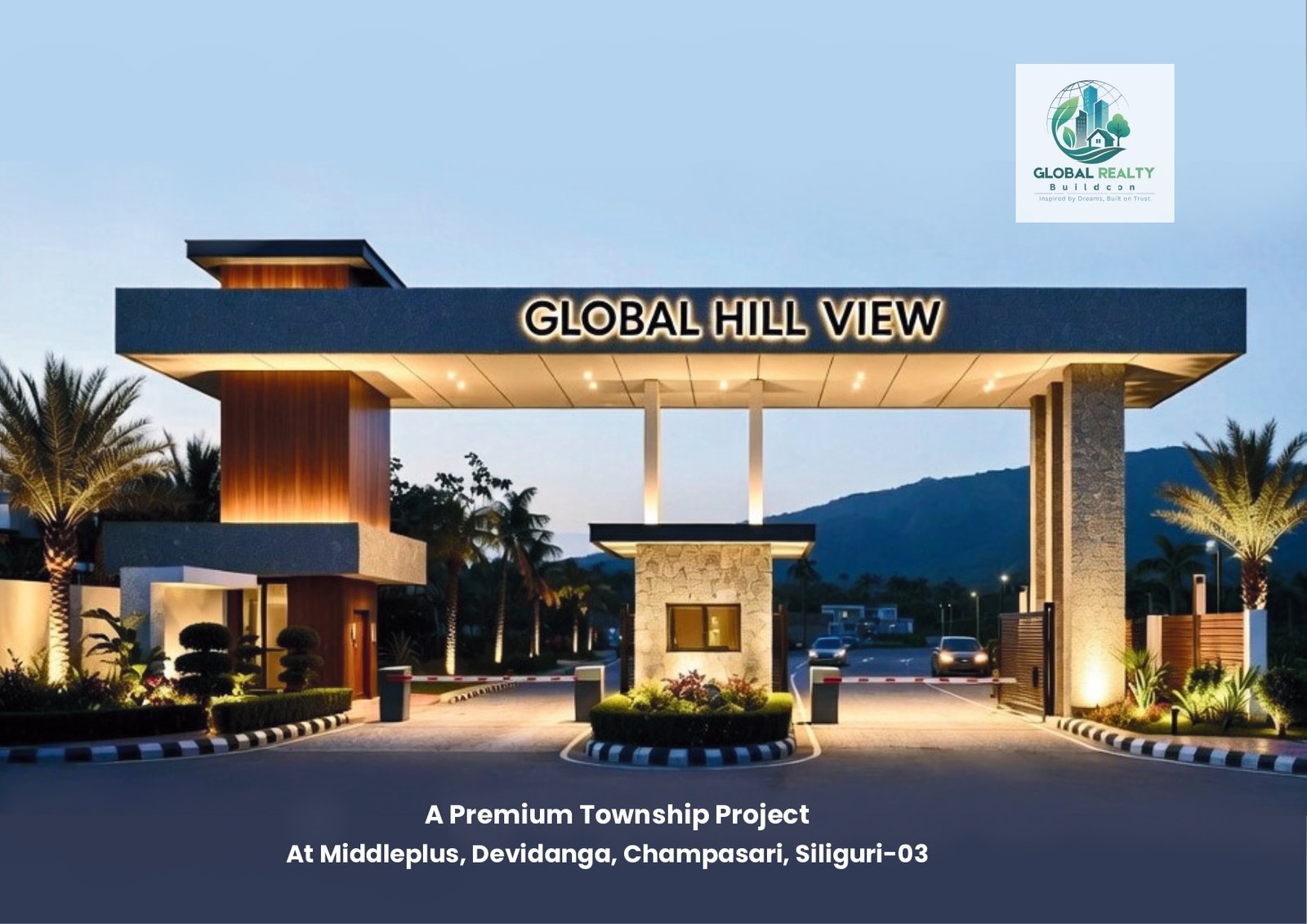 Global Hill View premium township entrance with landscaped driveways and mountain backdrop